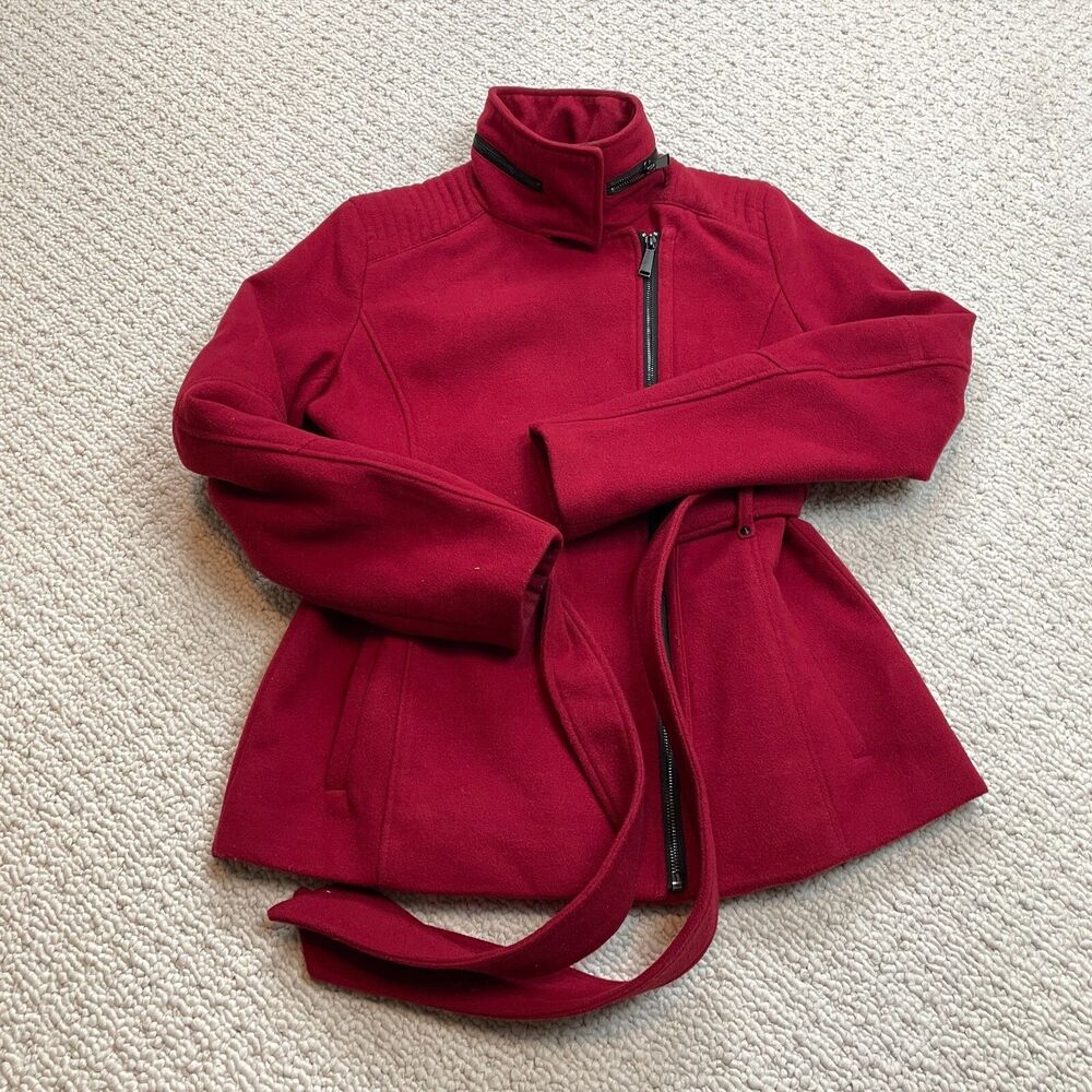 BCBG Paris Jacket Womens Medium Red Full Zip Convertible Hood Belted Coat Soft